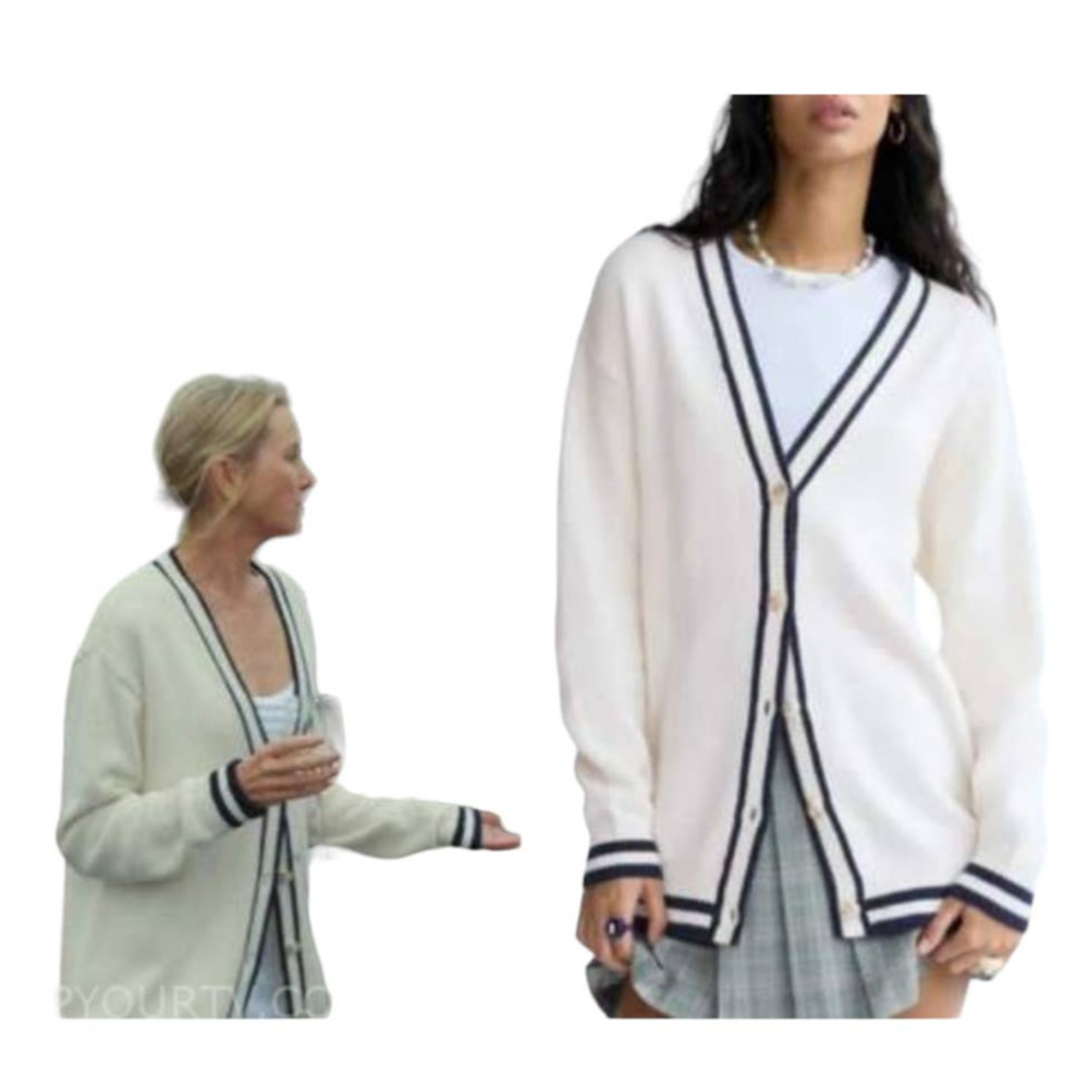 Sunday Best Preppy Merino Wool Blend Cream Navy Blue Lining Cardigan Medium